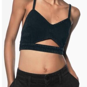 Zara tops,Black denim cut out cropped top with rhinestones and ruched back.